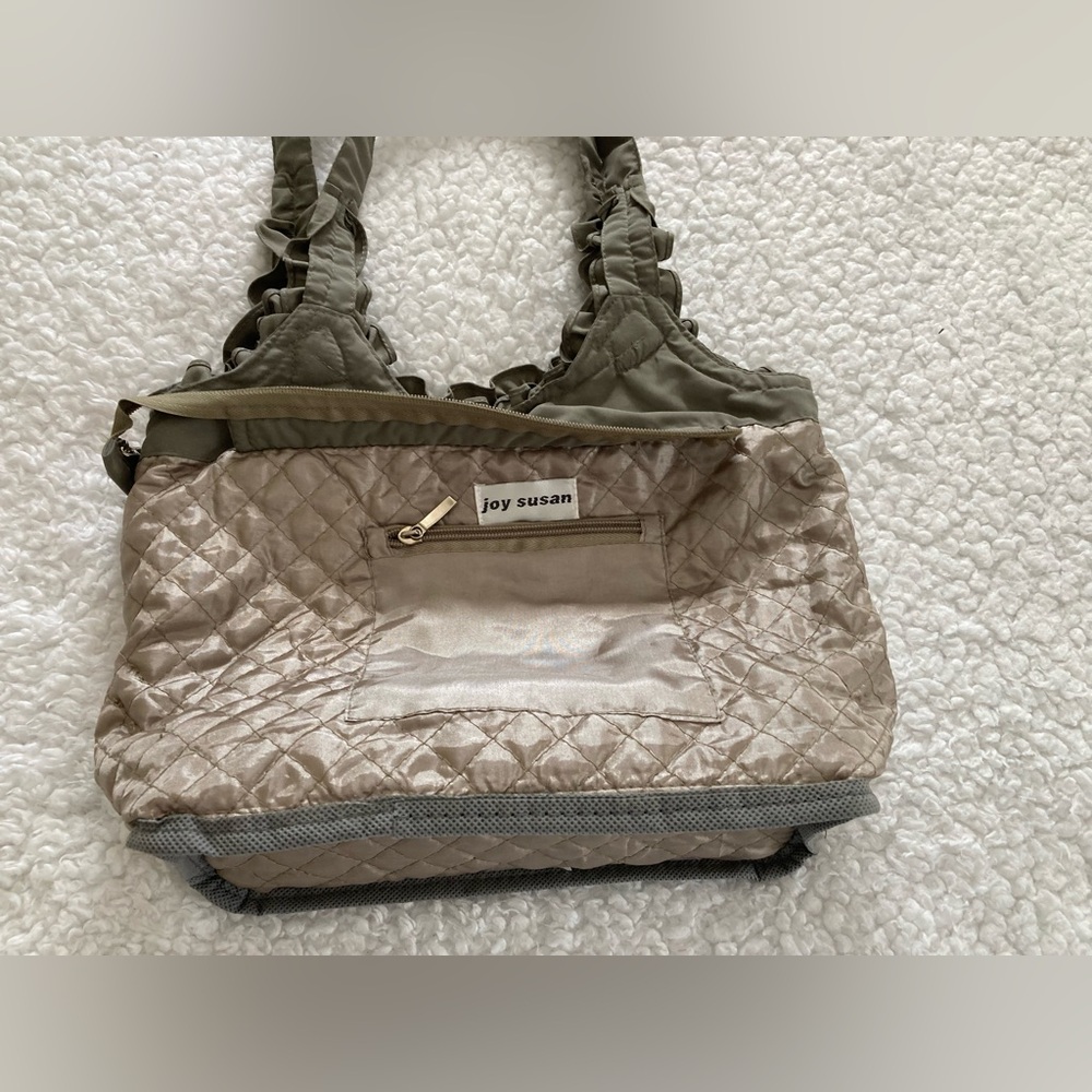 Joy Susan floral appliqués olive green fabric shoulder bag/purse - Picture 5 of 9